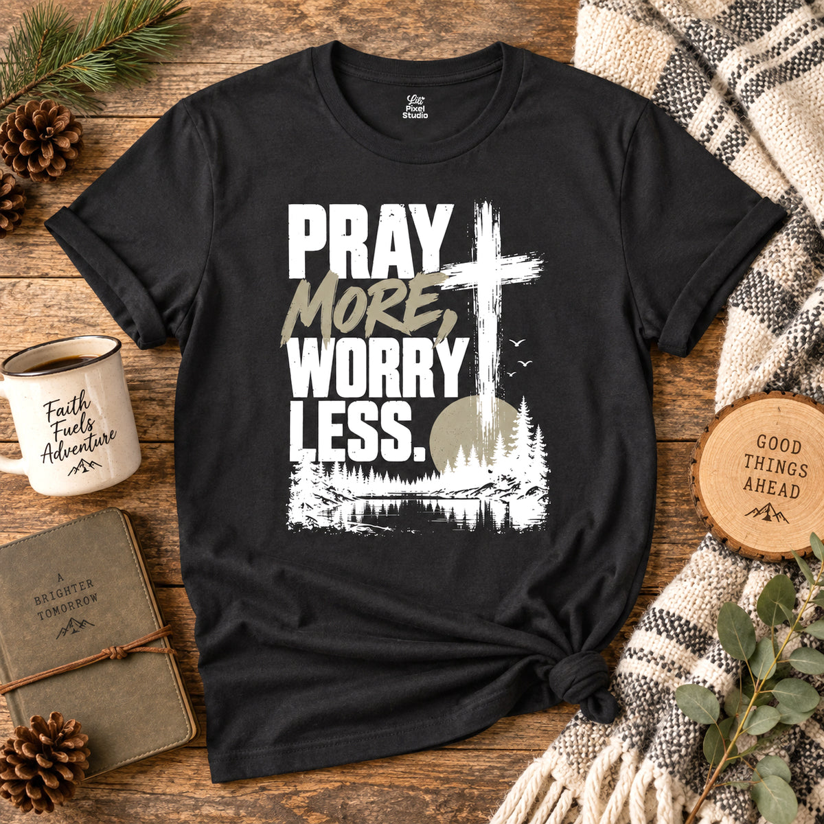 Pray More Worry Less Christian Shirt, Faith Based T-Shirt, Prayer Shirt, Cross Graphic Tee, Inspirational Christian Unisex Gift