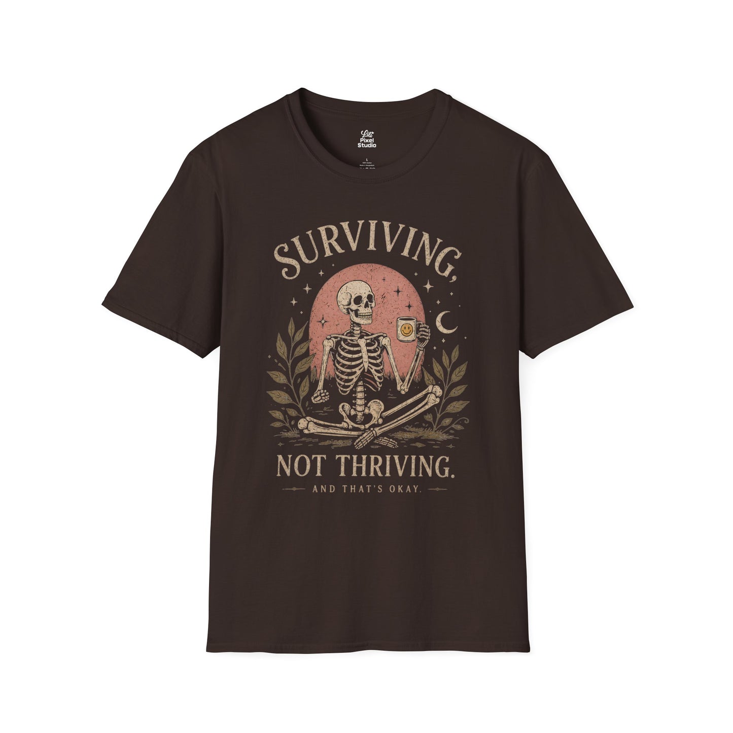 Surviving Not Thriving Skeleton Illustration Unisex T-Shirt | Funny Tired Burned Out Humor Shirt