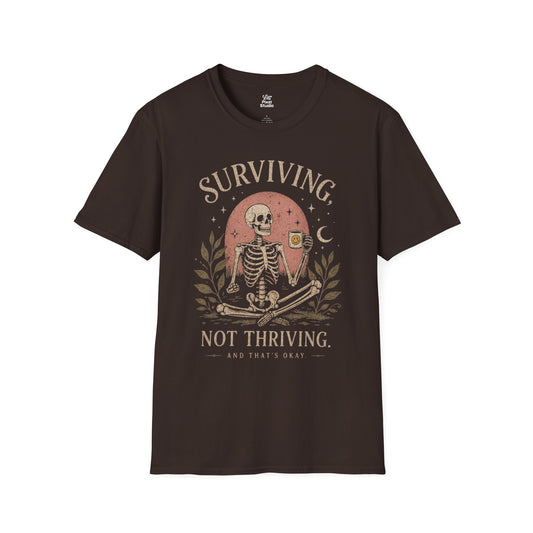 Surviving Not Thriving Skeleton Illustration Unisex T-Shirt | Funny Tired Burned Out Humor Shirt