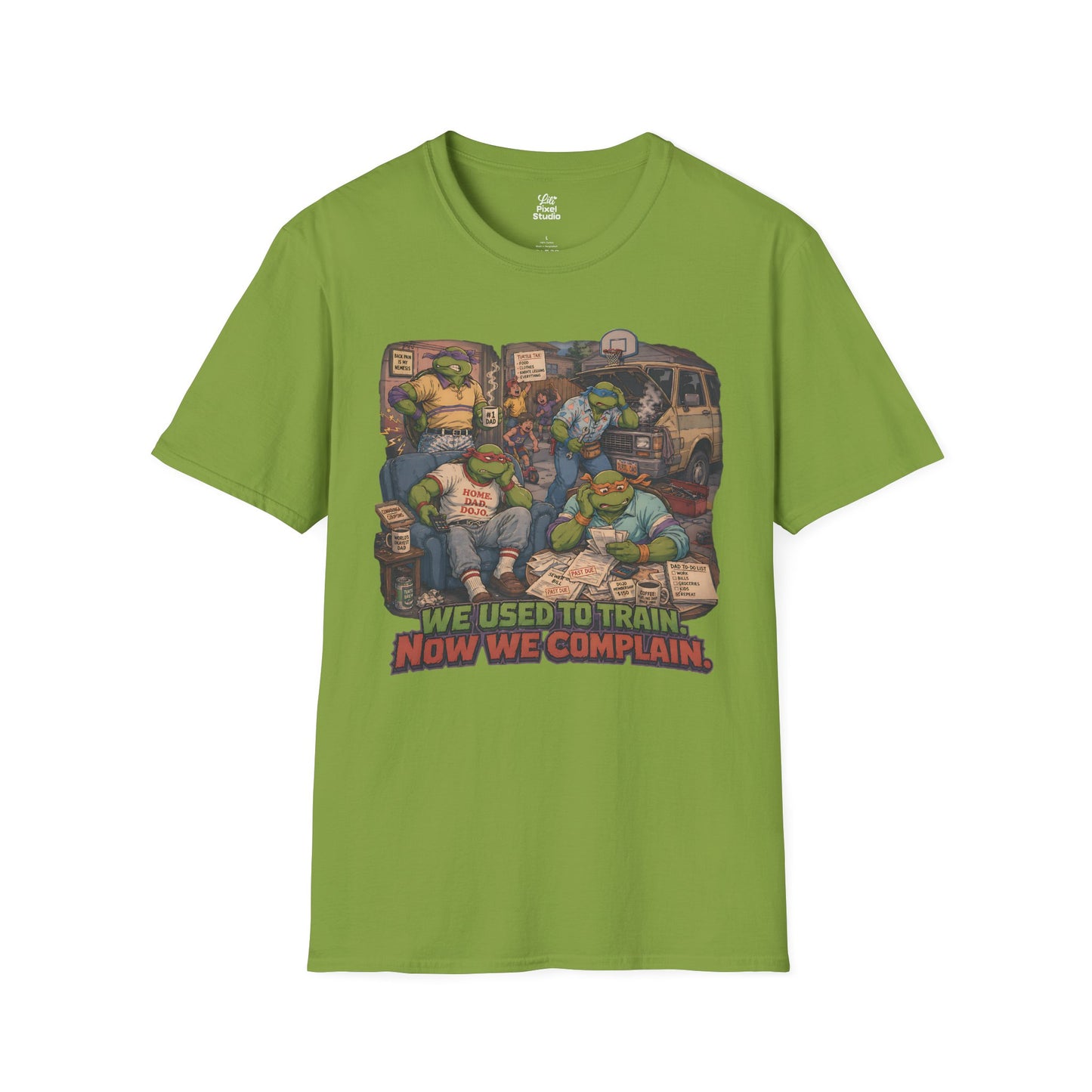 We Used To Train Now We Complain Mens Shirt, Funny Retro Turtle Parody Tee, 80s Cartoon Humor Gift for Nostalgic Millennials