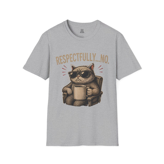 Respectfully No Cat, Unisex T-Shirt | Grumpy Cat with Coffee Graphic Funny Sarcastic Joke Shirt