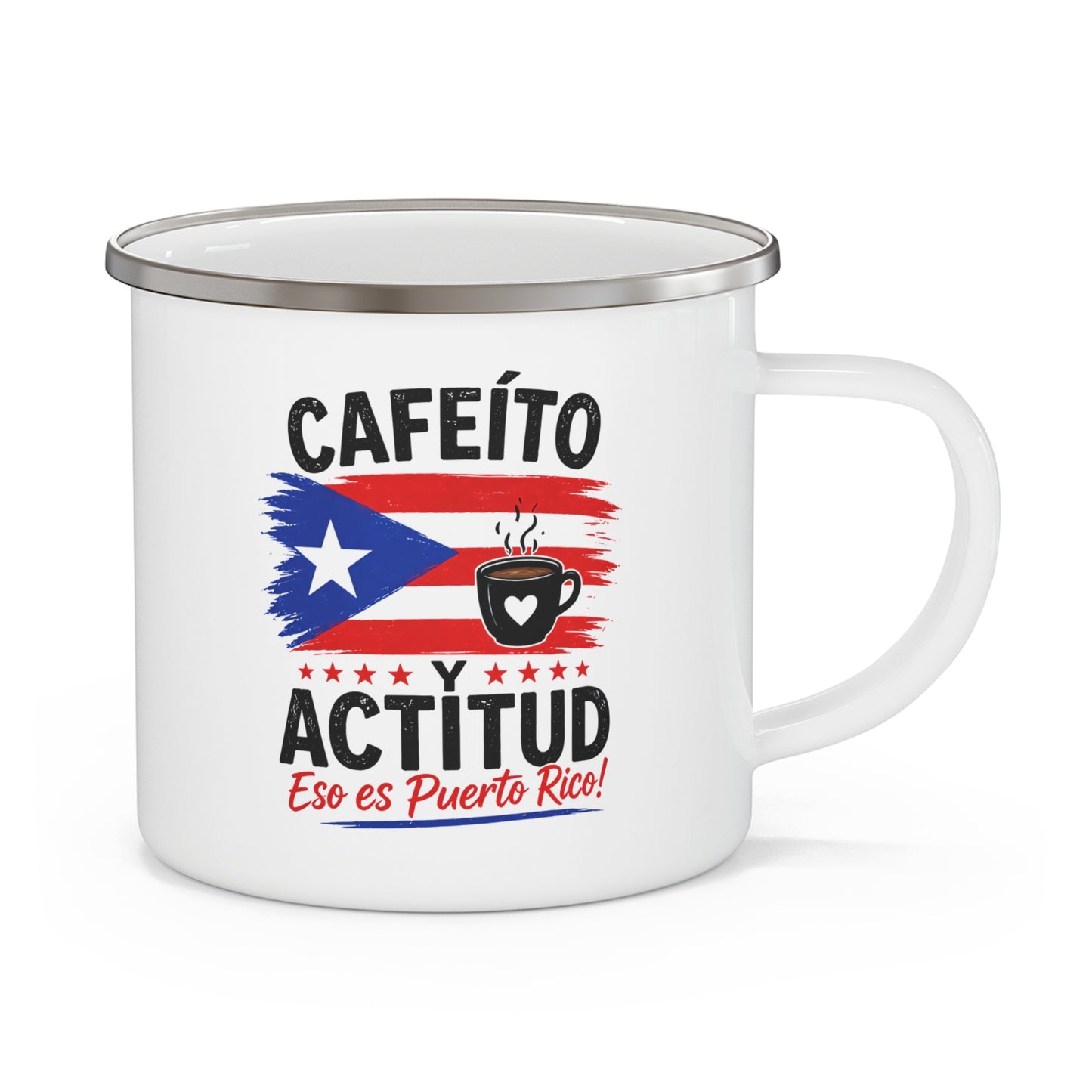 Cafecito y Actitud Enamel Mug, Puerto Rican Coffee Camping Mug, Boricua Gift, 12 oz Camp Cup, Puerto Rico Pride