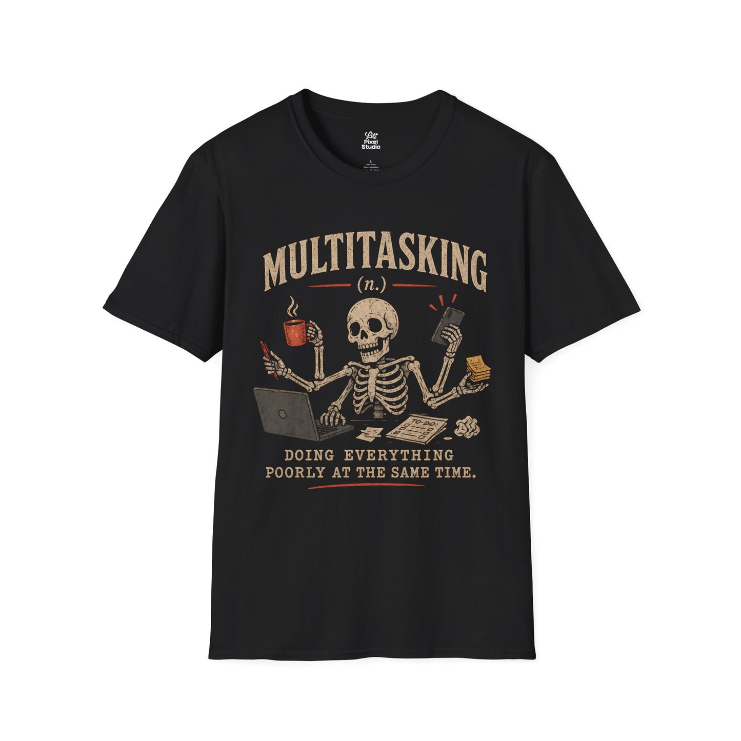 Multitasking Life Defined Skeleton Unisex Tee | Skull Coffee Laptop Phone Humor Funny Sarcastic Graphic T-Shirt
