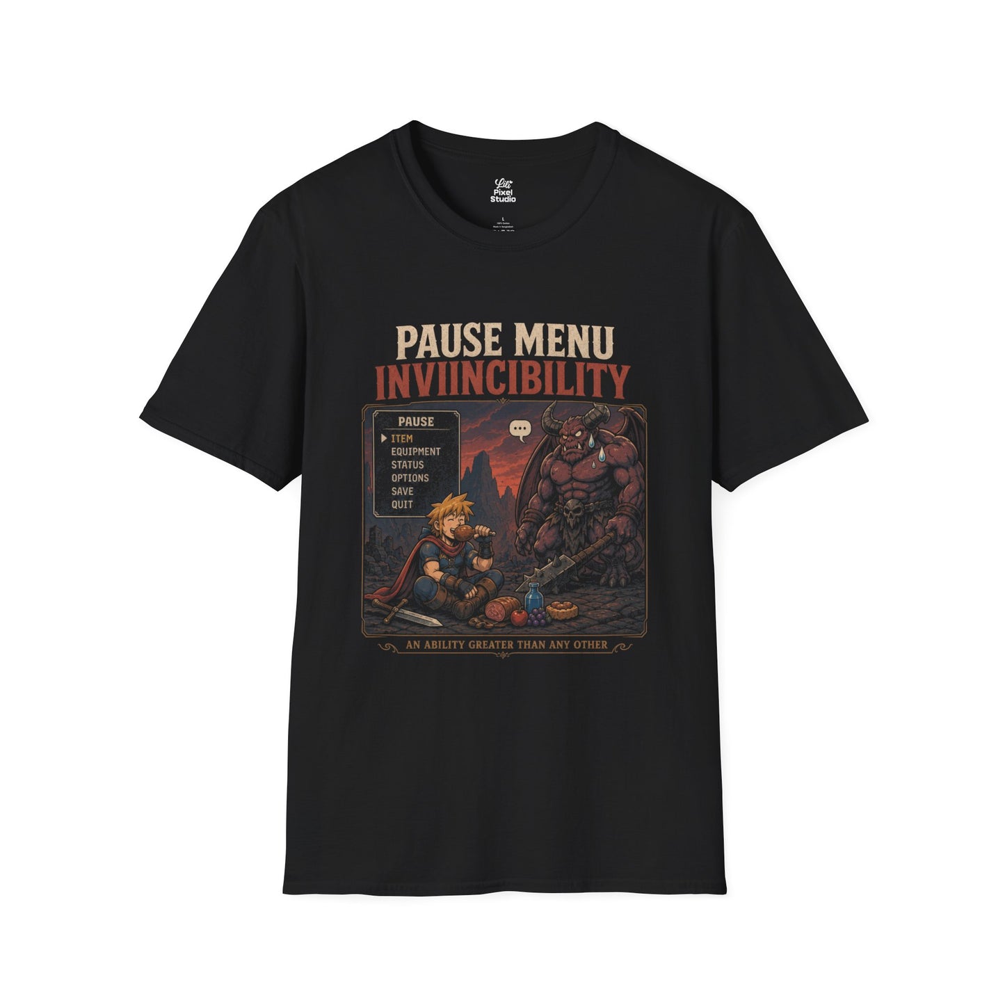 Pause Menu Invincibility Shirt, Funny RPG Gamer Unisex Tee, Questionable Game Logic Shirt, Fantasy Gaming Humor T-Shirt
