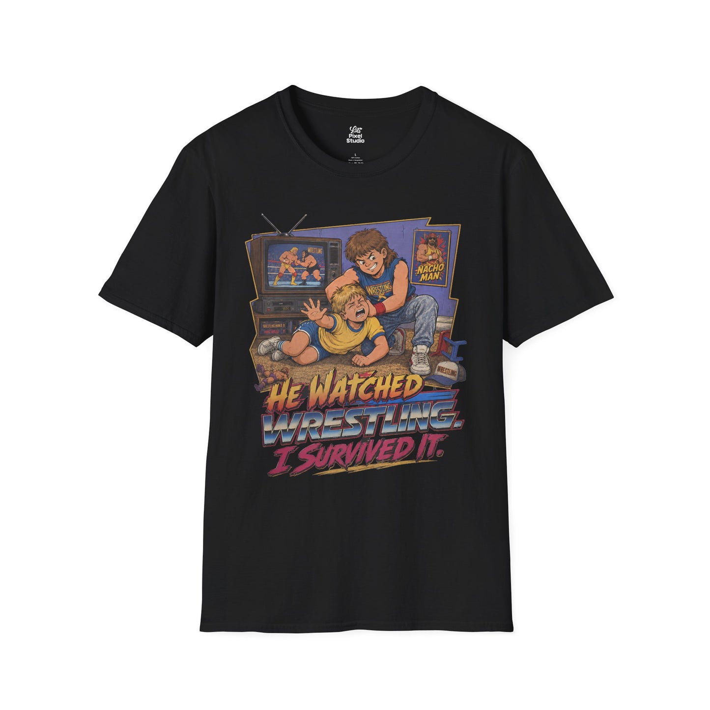 He Watched Wrestling I Survived It Mens Shirt, Funny Retro Wrestling Tee, 80s 90s Childhood Trauma Gift for Wrestling Fans