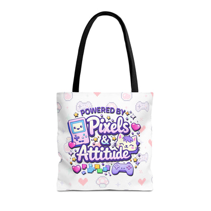 Powered by Pixels and Attitude Tote Bag, Cute Gamer Tote, Kawaii Pixel Art Bag, Pastel Gaming Shopper Bag