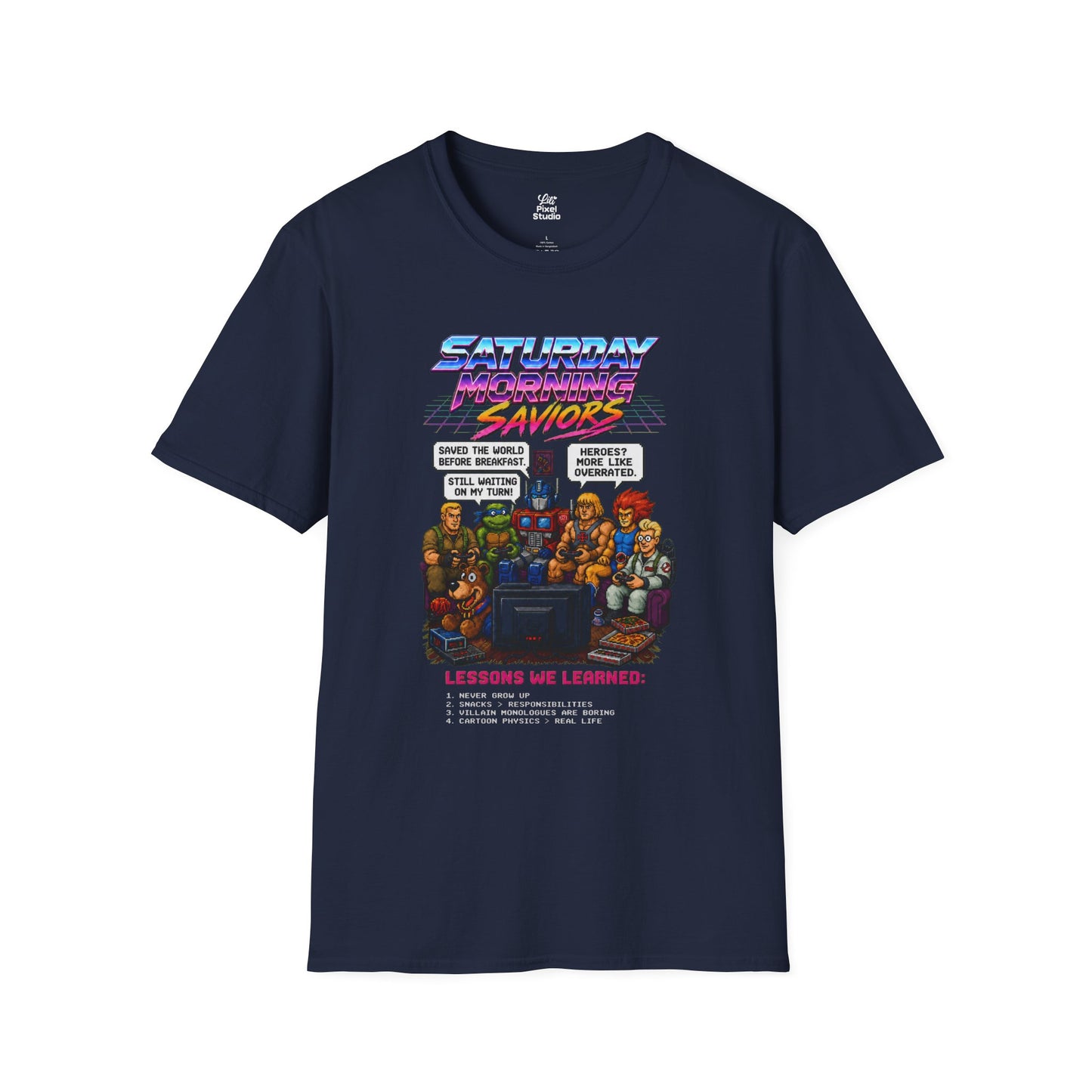 Saturday Morning Saviors Mens Shirt, Retro Cartoon Tee, 80s 90s Nostalgia T-Shirt, Pixel Art Gamer Gift