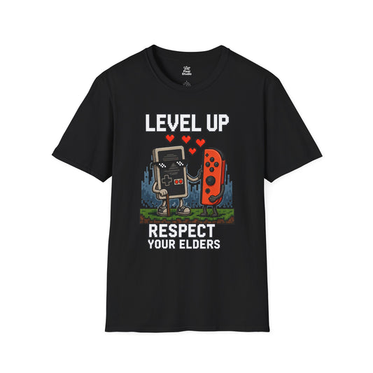 Level Up Respect Your Elders Unisex Shirt, Retro Gamer Tee, Funny Pixel Art Gaming T-Shirt, Nostalgic Gamer Gift