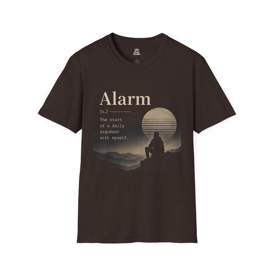 Alarm Life Defined Unisex Funny Graphic T-Shirt | Vintage Sunrise Silhouette Humor Sarcastic Corporate Jokes Gift Tee