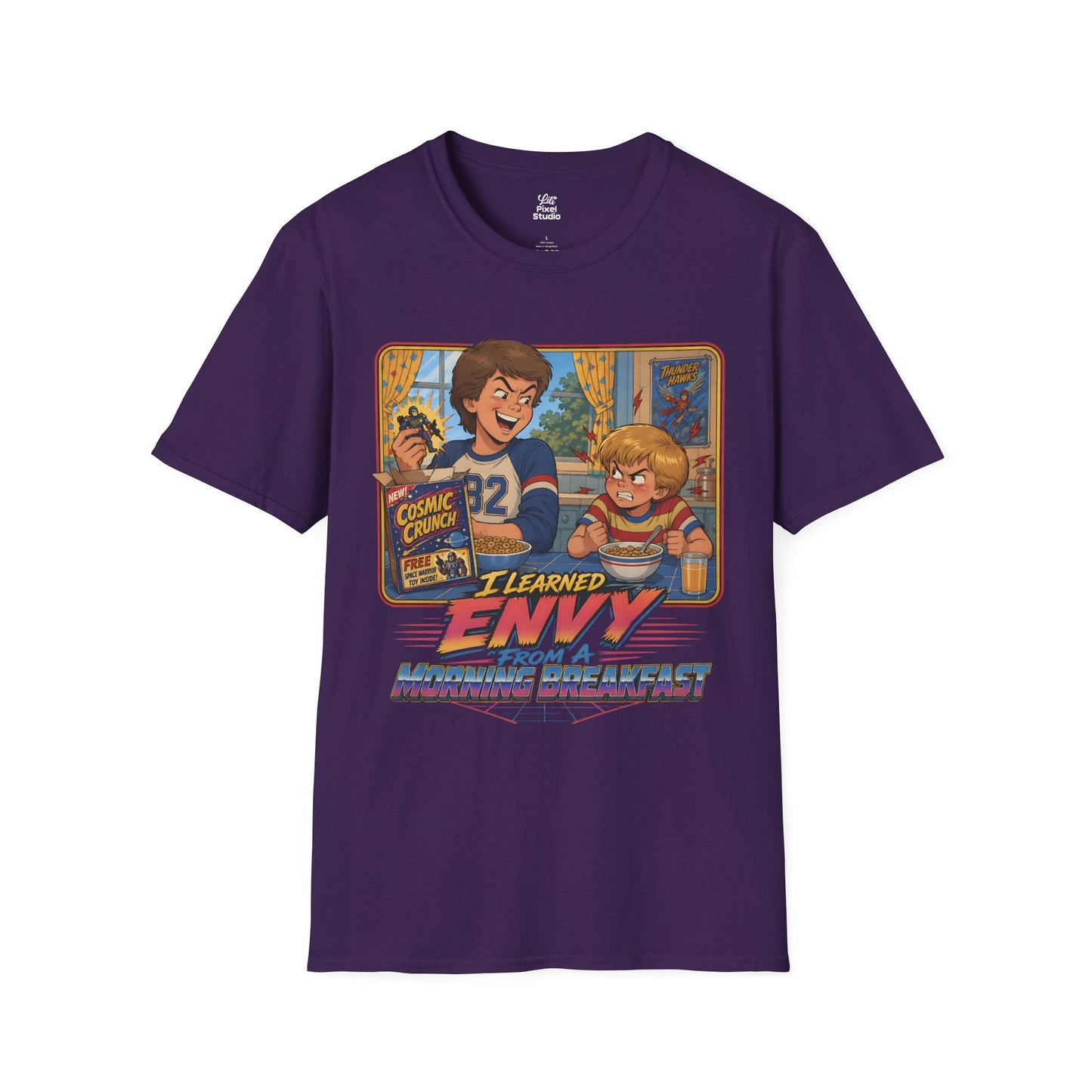 I Learned Envy From A Morning Breakfast Mens Shirt, Funny Retro Cereal Tee, 80s 90s Sibling Rivalry Gift for Millennials