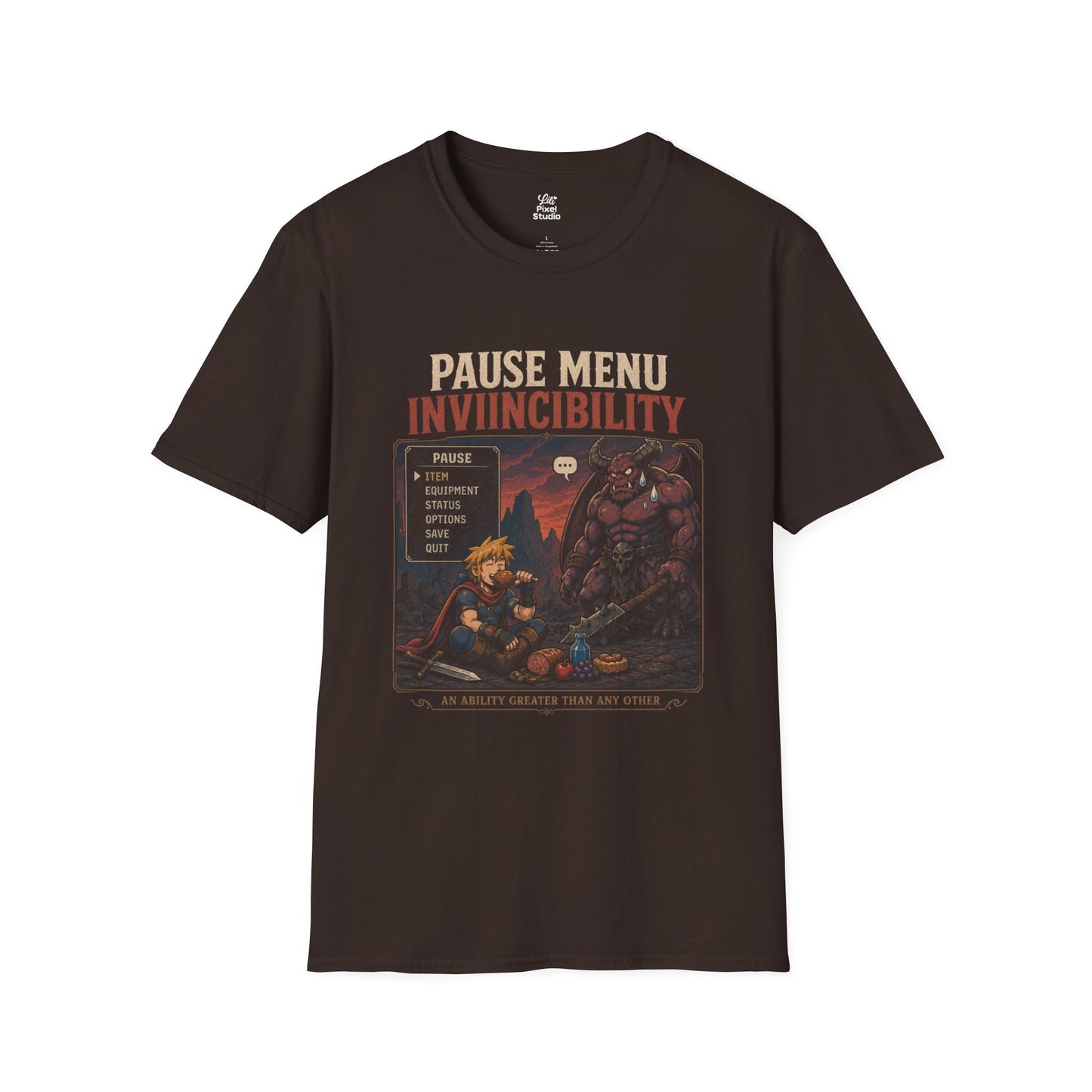 Pause Menu Invincibility Shirt, Funny RPG Gamer Unisex Tee, Questionable Game Logic Shirt, Fantasy Gaming Humor T-Shirt