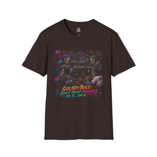 Golden Rule Don't Trust Player 2 Or 3 Or 4, Retro Gaming Nostalgia Shirt, 90s Gamer Mens Tee, Arcade Kid Gift