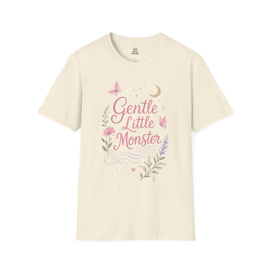 Gentle Little Monster Women's T-Shirt | Floral Script, Pastel Butterflies, Funny Cute Sarcastic Ironic Shirt