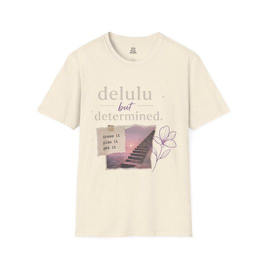 Delulu But Determined Women's Graphic T-Shirt | dreamy stairway photo, floral sketch, motivational text