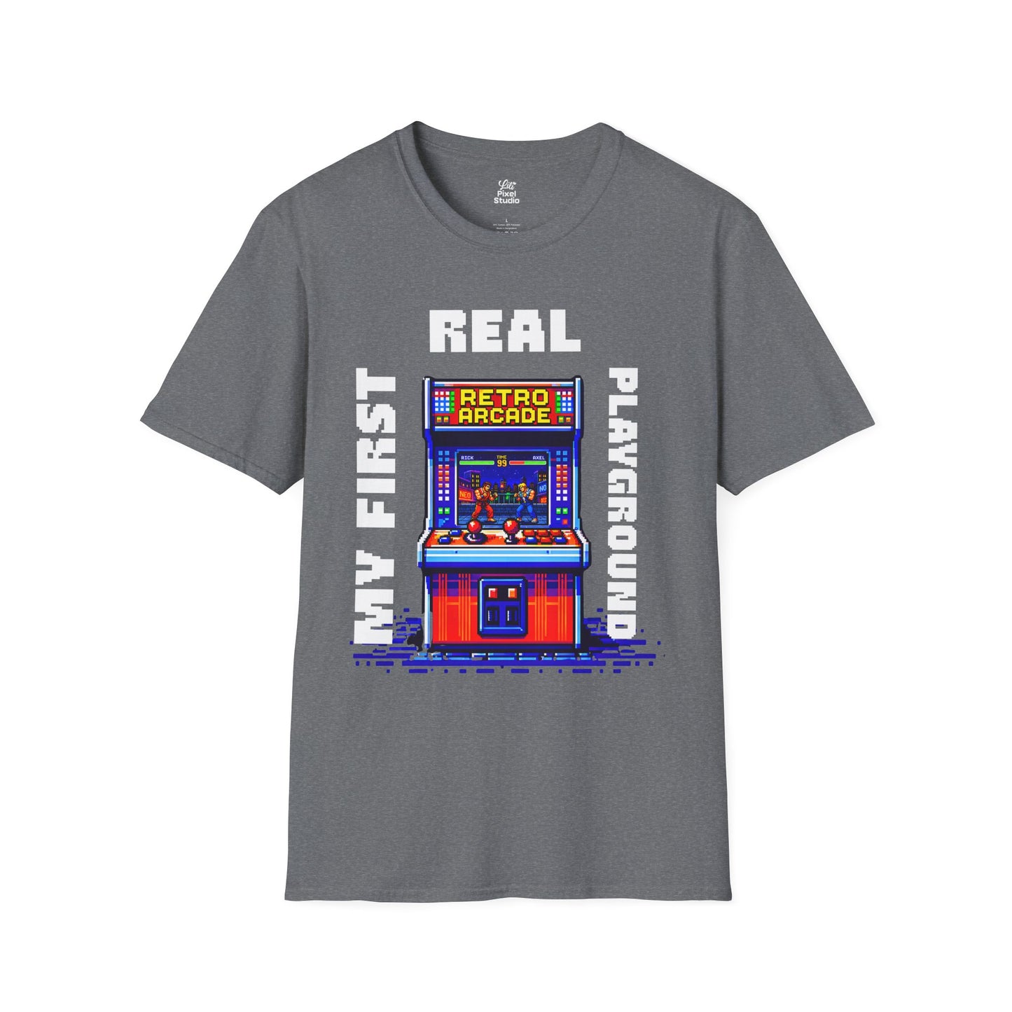 My First Real Playground Unisex Shirt, Retro Arcade Gamer Tee, Pixel Art Gaming T-Shirt, Nostalgic Arcade Gift