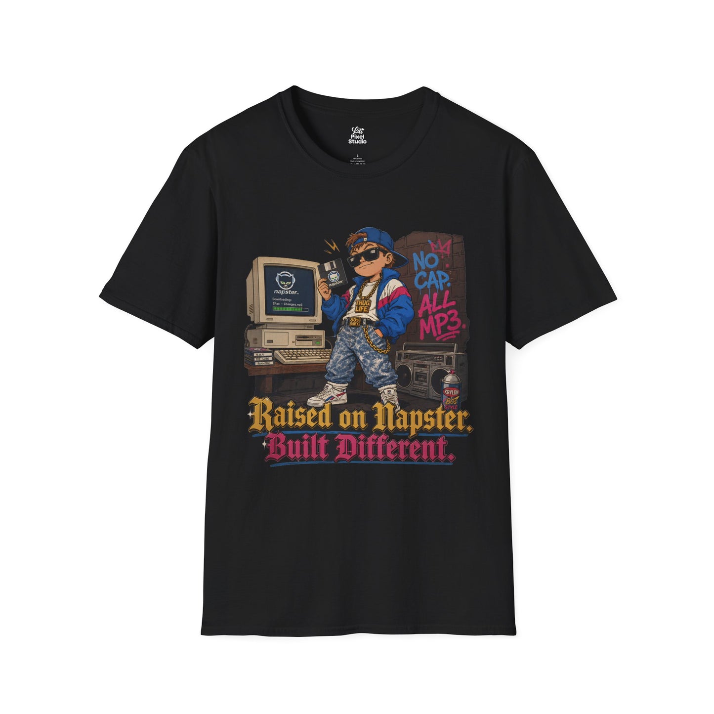 Raised On Napster Built Different Mens Shirt, Funny Y2K Internet Tee, Retro MP3 Download Humor Gift for Nostalgic Millennials