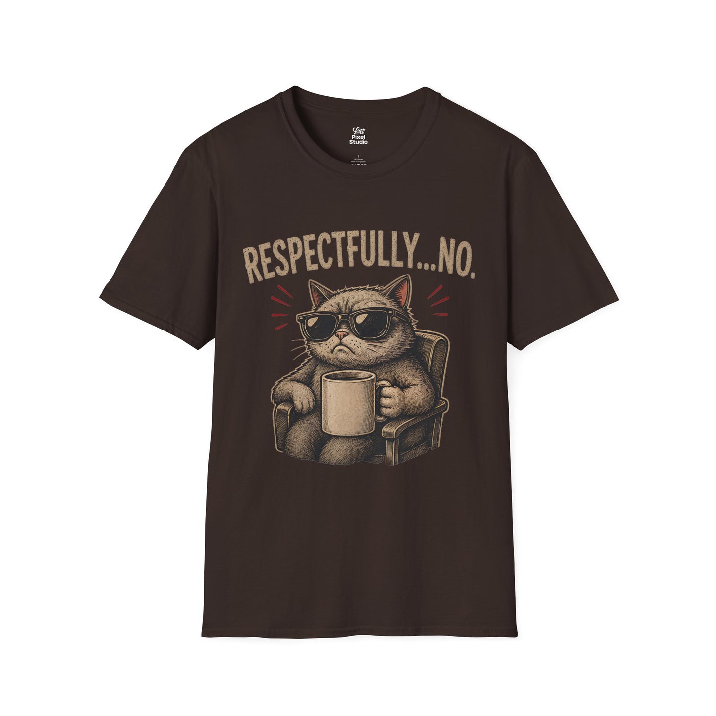 Respectfully No Cat, Unisex T-Shirt | Grumpy Cat with Coffee Graphic Funny Sarcastic Joke Shirt