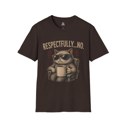 Respectfully No Cat, Unisex T-Shirt | Grumpy Cat with Coffee Graphic Funny Sarcastic Joke Shirt