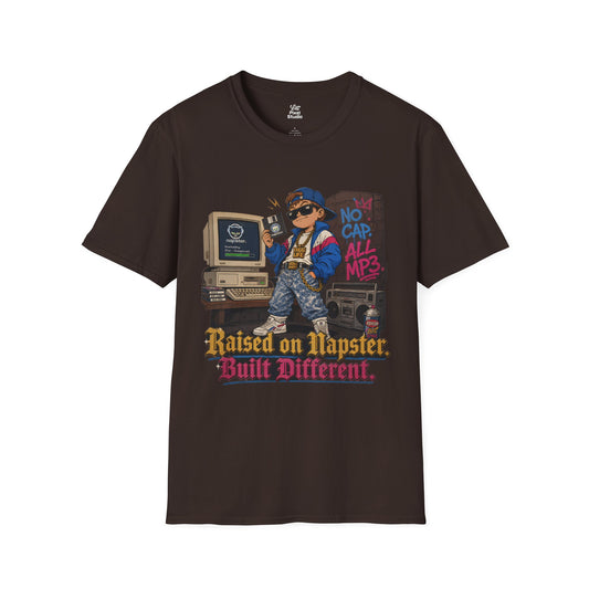 Raised On Napster Built Different Mens Shirt, Funny Y2K Internet Tee, Retro MP3 Download Humor Gift for Nostalgic Millennials