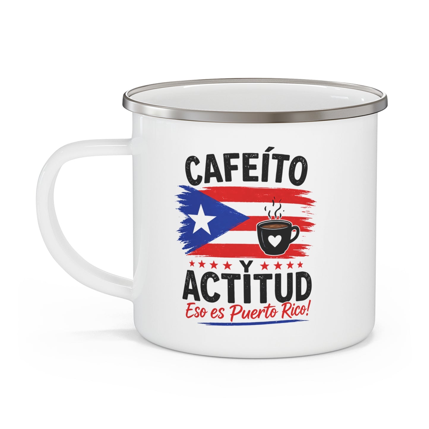 Cafecito y Actitud Enamel Mug, Puerto Rican Coffee Camping Mug, Boricua Gift, 12 oz Camp Cup, Puerto Rico Pride