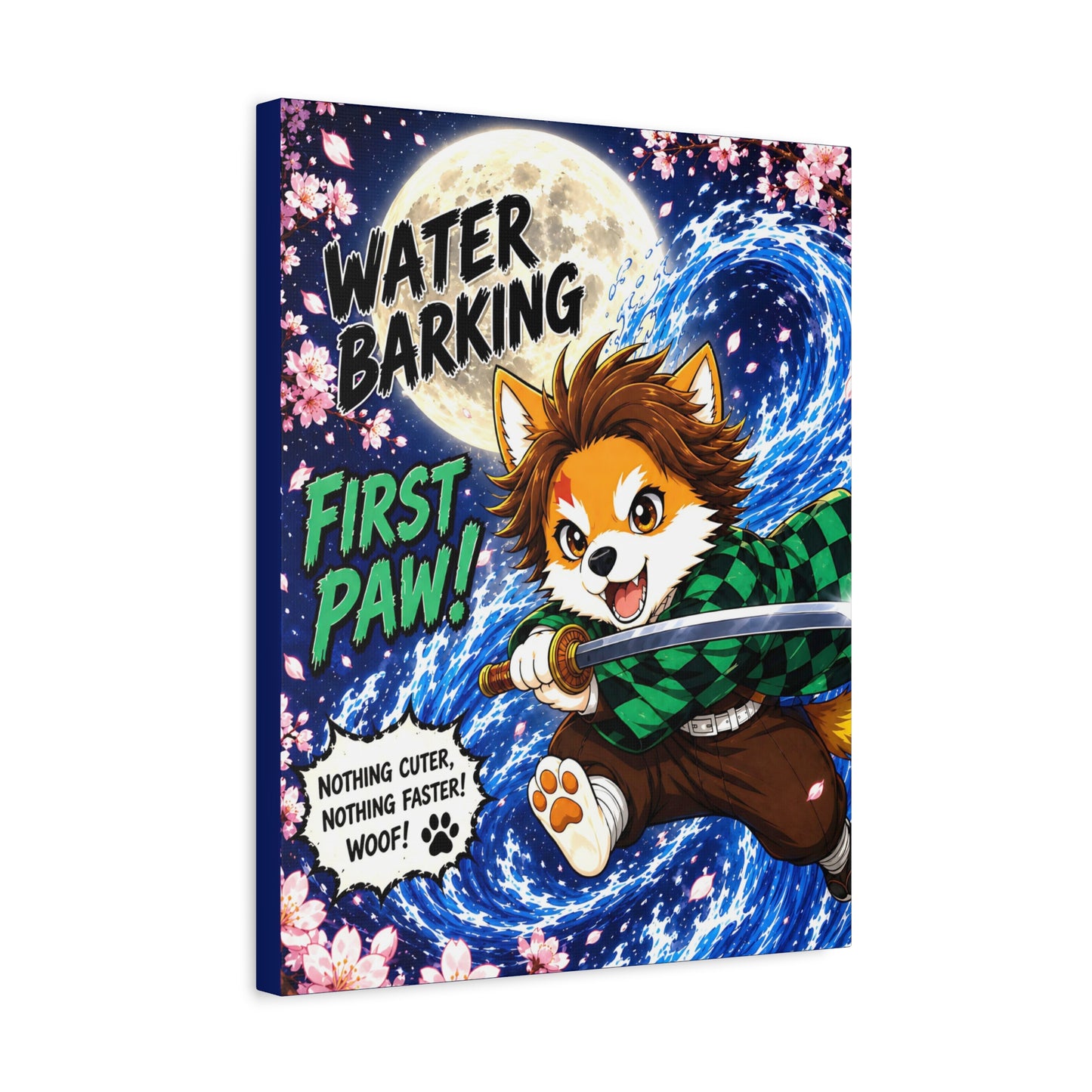 Water Barking First Paw Canvas, Anime Inspired Dog Canvas Print, Mutts of Manga Wall Art, Cute Dog Decor