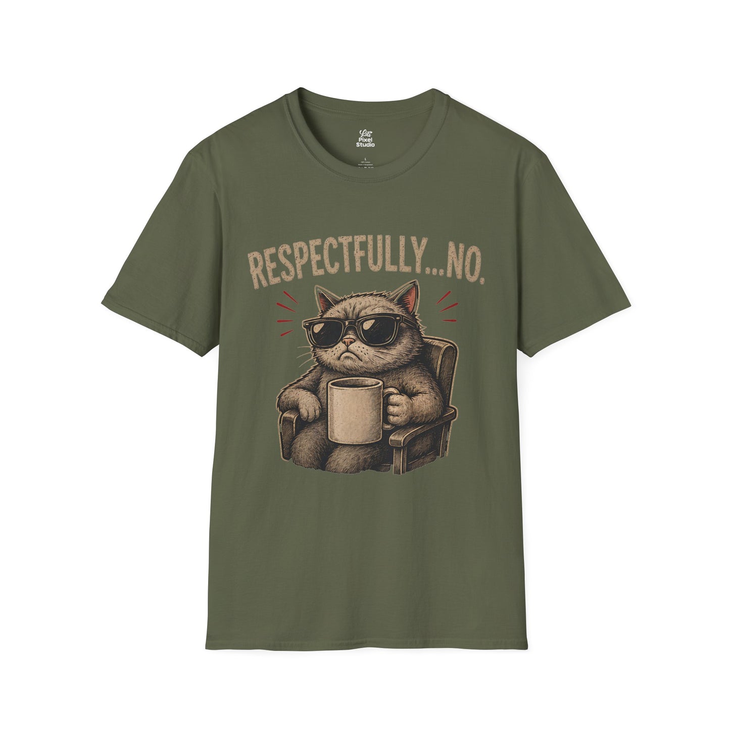 Respectfully No Cat, Unisex T-Shirt | Grumpy Cat with Coffee Graphic Funny Sarcastic Joke Shirt