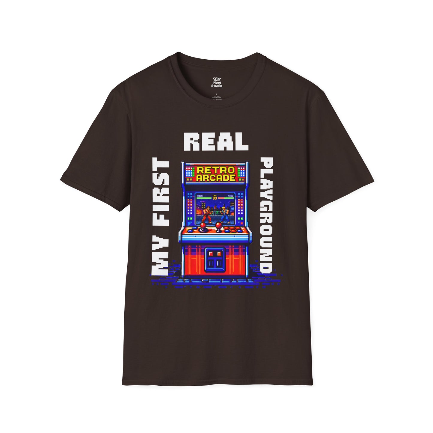 My First Real Playground Unisex Shirt, Retro Arcade Gamer Tee, Pixel Art Gaming T-Shirt, Nostalgic Arcade Gift