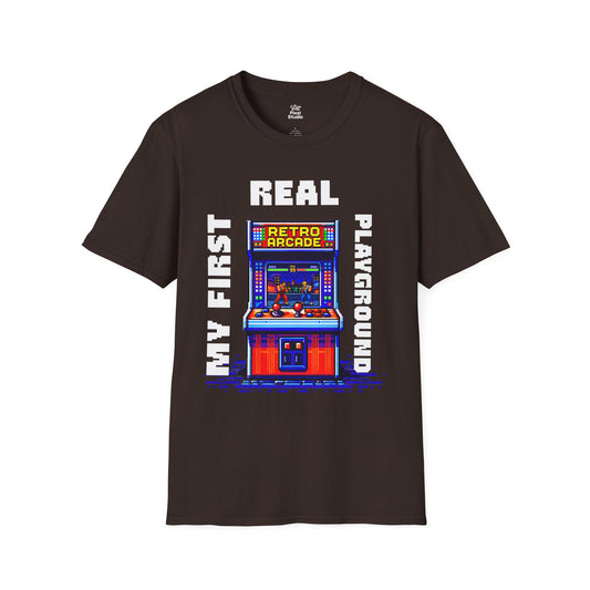 My First Real Playground Unisex Shirt, Retro Arcade Gamer Tee, Pixel Art Gaming T-Shirt, Nostalgic Arcade Gift