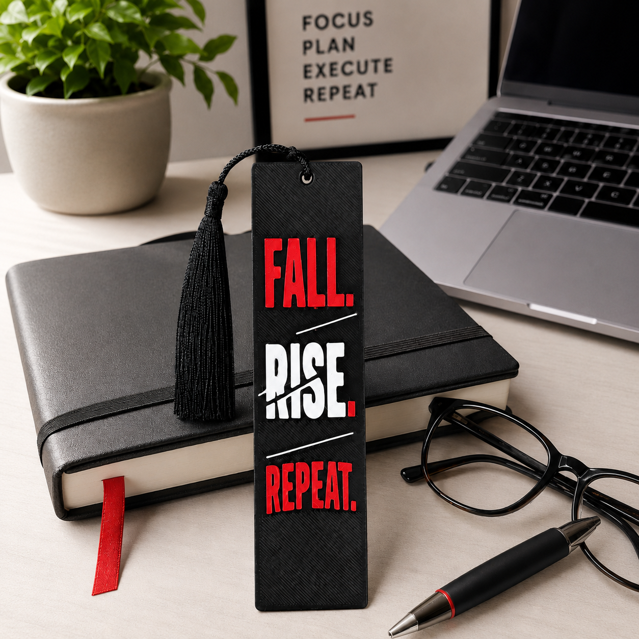 Fall Rise Repeat 3D Printed Bookmark with Tassel, Motivational Bookmark, Resilience Gift for Book Lovers