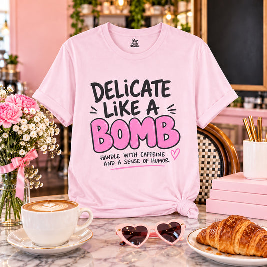 Delicate Like A Bomb Shirt, Funny Sassy Women's Tee, Petty And Prosperous Graphic Shirt, Cute Sarcastic Pink Tee