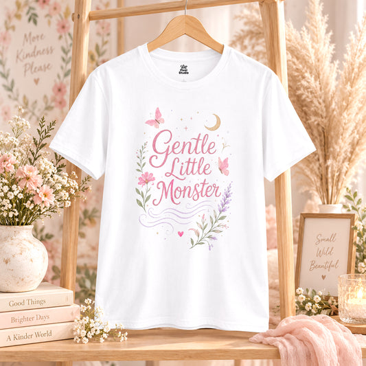 Gentle Little Monster Women's T-Shirt | Floral Script, Pastel Butterflies, Funny Cute Sarcastic Ironic Shirt
