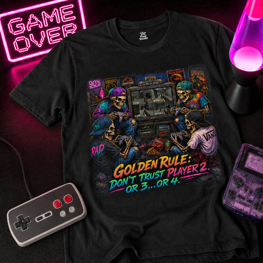 Golden Rule Don't Trust Player 2 Or 3 Or 4, Retro Gaming Nostalgia Shirt, 90s Gamer Mens Tee, Arcade Kid Gift