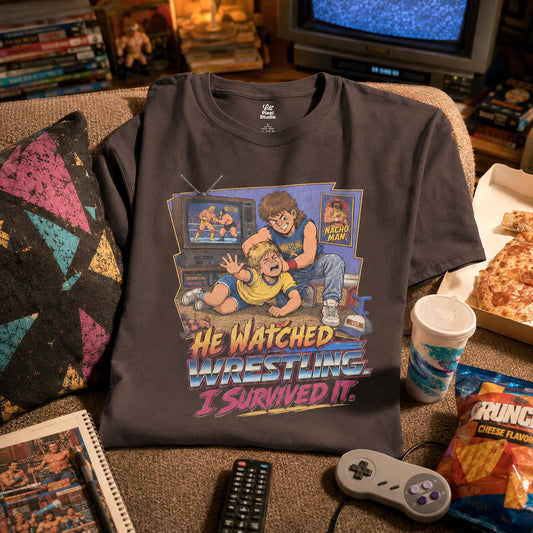 He Watched Wrestling I Survived It Mens Shirt, Funny Retro Wrestling Tee, 80s 90s Childhood Trauma Gift for Wrestling Fans