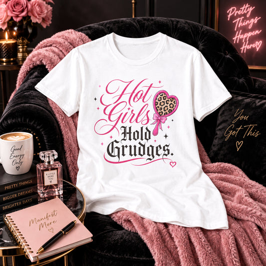 Hot Girls Hold Grudges Womens Shirt, Funny Petty Girl Tee, Sassy Graphic Shirt For Women, Trendy Pink Leopard Print Tee