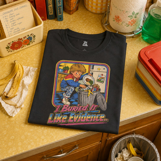 I Buried It Like Evidence Mens Shirt, Funny 80s 90s Childhood Trauma Tee, Retro Cartoon Humor Gift for Nostalgic Millennials