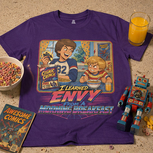 I Learned Envy From A Morning Breakfast Mens Shirt, Funny Retro Cereal Tee, 80s 90s Sibling Rivalry Gift for Millennials