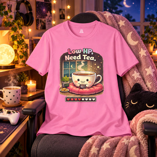 Low HP Need Tea Womens Shirt, Cozy Gamer Tee, Cute Pixel Art T-Shirt, Introvert Gaming Gift, Cottagecore Gamer Top