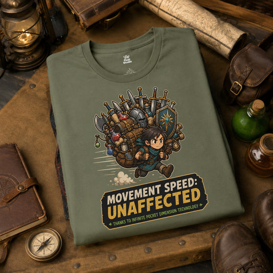 Movement Speed Unaffected Shirt, Funny RPG Gamer Mens Tee, Inventory Hoarder Shirt, Questionable Game Logic Gaming Humor