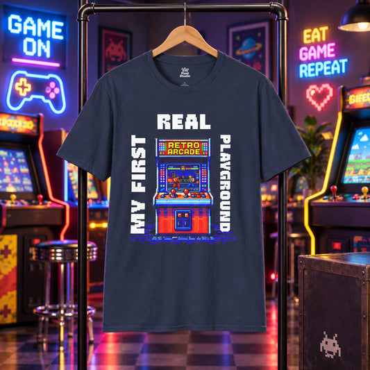 My First Real Playground Mens Shirt, Retro Arcade Gamer Tee, Pixel Art Gaming T-Shirt, Nostalgic Arcade Gift