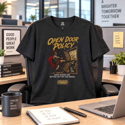 Open Door Policy Shirt, Funny Office Humor Unisex Tee, Corporate Gladiator Shirt, HR Combat Division Gift for Coworkers & Managers