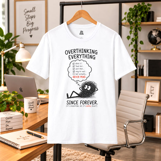 Overthinking Everything Illustration Unisex T-Shirt | Mental Health Humor, Cute Scribble Character, Funny Burned Out Tee
