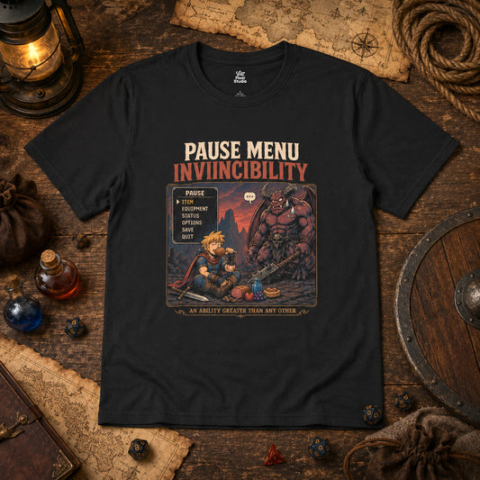 Pause Menu Invincibility Shirt, Funny RPG Gamer Mens Tee, Questionable Game Logic Shirt, Fantasy Gaming Humor T-Shirt