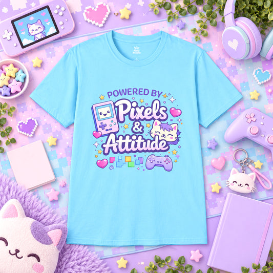 Powered By Pixels And Attitude Womens Shirt, Cute Gamer Tee, Kawaii Gaming Shirt, Retro Pixel Art Gift for Gamers