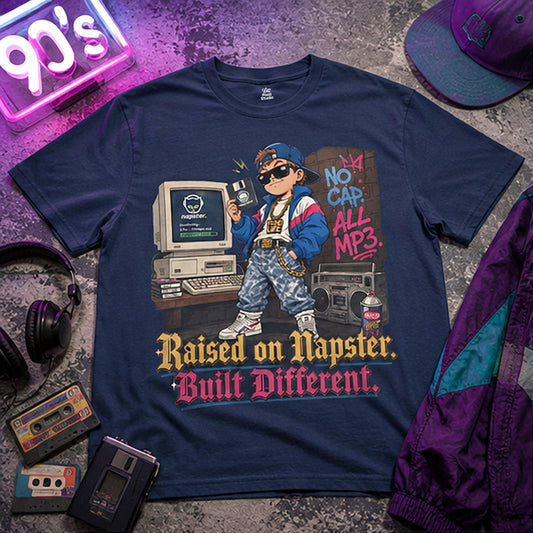Raised On Napster Built Different Mens Shirt, Funny Y2K Internet Tee, Retro MP3 Download Humor Gift for Nostalgic Millennials