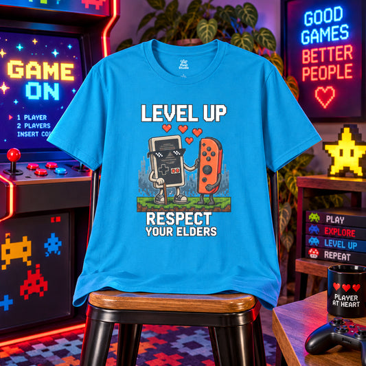 Level Up Respect Your Elders Unisex Shirt, Retro Gamer Tee, Funny Pixel Art Gaming T-Shirt, Nostalgic Gamer Gift