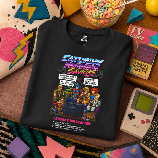 Saturday Morning Saviors Mens Shirt, Retro Cartoon Tee, 80s 90s Nostalgia T-Shirt, Pixel Art Gamer Gift