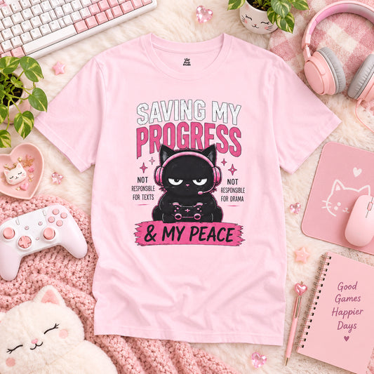 Saving My Progress And My Peace Womens Shirt, Cute Gamer Cat Tee, Introvert Gaming Shirt, Cozy Gaming Gift for Women