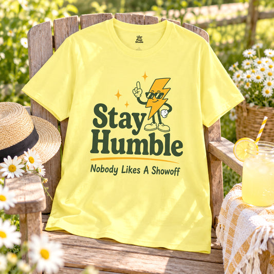 Stay Humble Nobody Likes A Showoff Womens Shirt, Funny Sarcastic Graphic Tee, Retro Lightning Bolt T-Shirt, Humble Confidence Gift