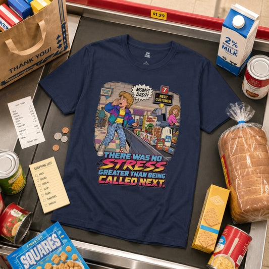 There Was No Stress Greater Than Being Called Next Mens Shirt, Funny Retro Grocery Store Tee, 80s 90s Childhood Trauma Gift